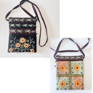 Toni Passport Five Zipper Black‎ Suede Embroidered Crossbody Bag Boho